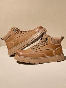 CAMEL CROWN 男士运动休闲鞋，秋冬季牛皮高帮厚底靴，复古休闲工装靴，高帮帆布鞋。