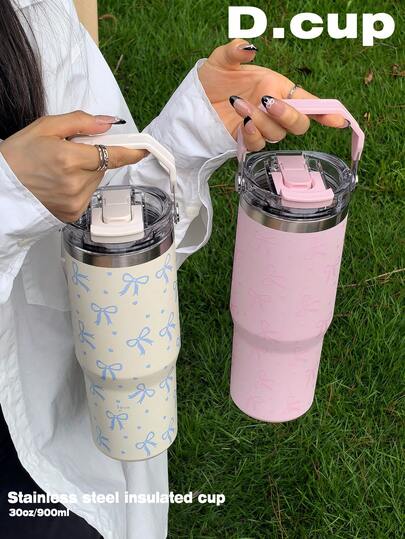 1pc 30oz Cute Bow Pattern Double Wall Stainless Steel Insulated Tumbler, Flat Bottom Cup, Coffee Cup, Car Cup, Water Bottle, Outdoor Mug, Tea Cup, Vacuum Flask, Designed With Straight Drinking Lid And Straw Lid, Suitable For Outdoor, Office, Home, School, Car, Gym, Travel, Birthday Gift, Holiday Gift, Mother's Day Gift, Father's Day Gift, Back To School, Valentine's Day Gift