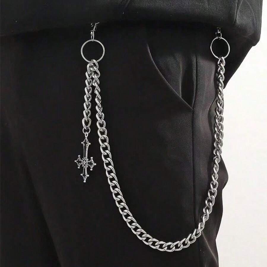 1 pieza Collar de cadena gruesa de plata para hombres con colgante de cruz roja, adecuado para usar con trajes, jeans y pantalones casuales - Negro - Ver 1