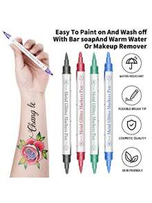 10 Colores Bolígrafos Temporales de Tatuaje Metálicos de Doble Punta, Aptos para Piel, Marcadores de Tatuaje Lavables, Pegatinas Flexibles para el Body, Kit Seguro de Pintura Facial - 10 colores - Ver 9