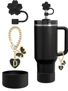 3件/2件套配件,专为30-40盎司杯子设计,包含字母标记和可重复使用的硅胶芙蓉花吸管帽,10毫米宽吸管帽,可爱的字母装饰,适合现代简约玻璃杯。 - 3pcs黑色 - 查看 22