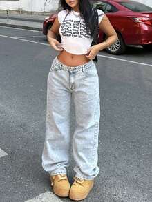 Women's Casual Light-Washed Wide-Leg Jeans, Suitable For Daily Wear Spring - Light Wash - View 5