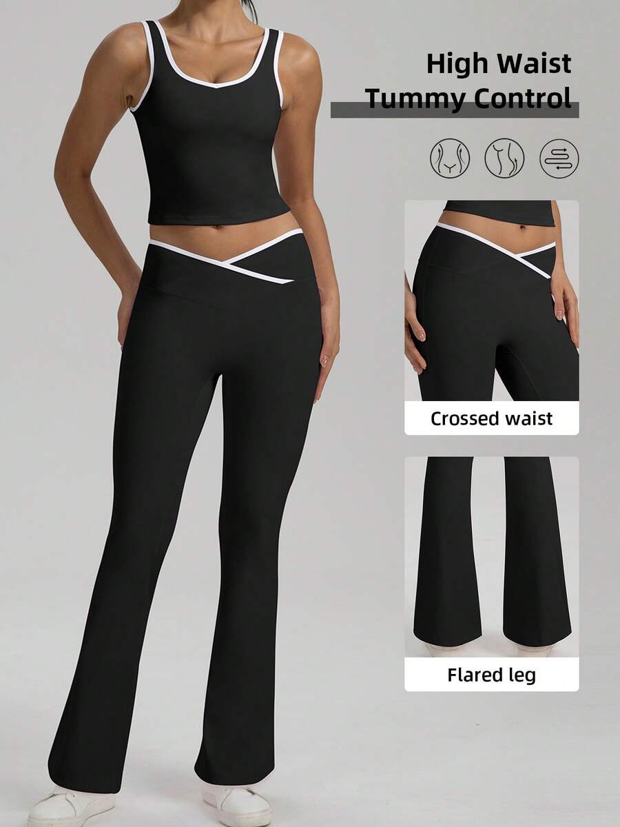 A Set Of Contrasting Sexy Tight Fitness Clothing Set V-Neck Sports Vest Quick-Drying High-Waisted Cross-Hip Lifting Yoga Flared Pants For Women Sports Yoga Pants, Lifting The Buttocks And Tucking The Abdomen To Slim Down, Convenient For Movement, Suitable For Holiday Travel - màu đen - Xem 1