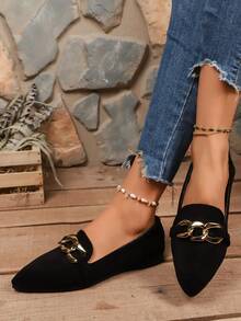 Women's Gold Chain Decor Plus Size Pointed Toe Slip-On Flats, 2025 Spring/Autumn New Fashionable Minimalist Versatile Casual Comfortable Commuting Shoes, Black Work Shoes Suitable For Outdoor, Park, Walking