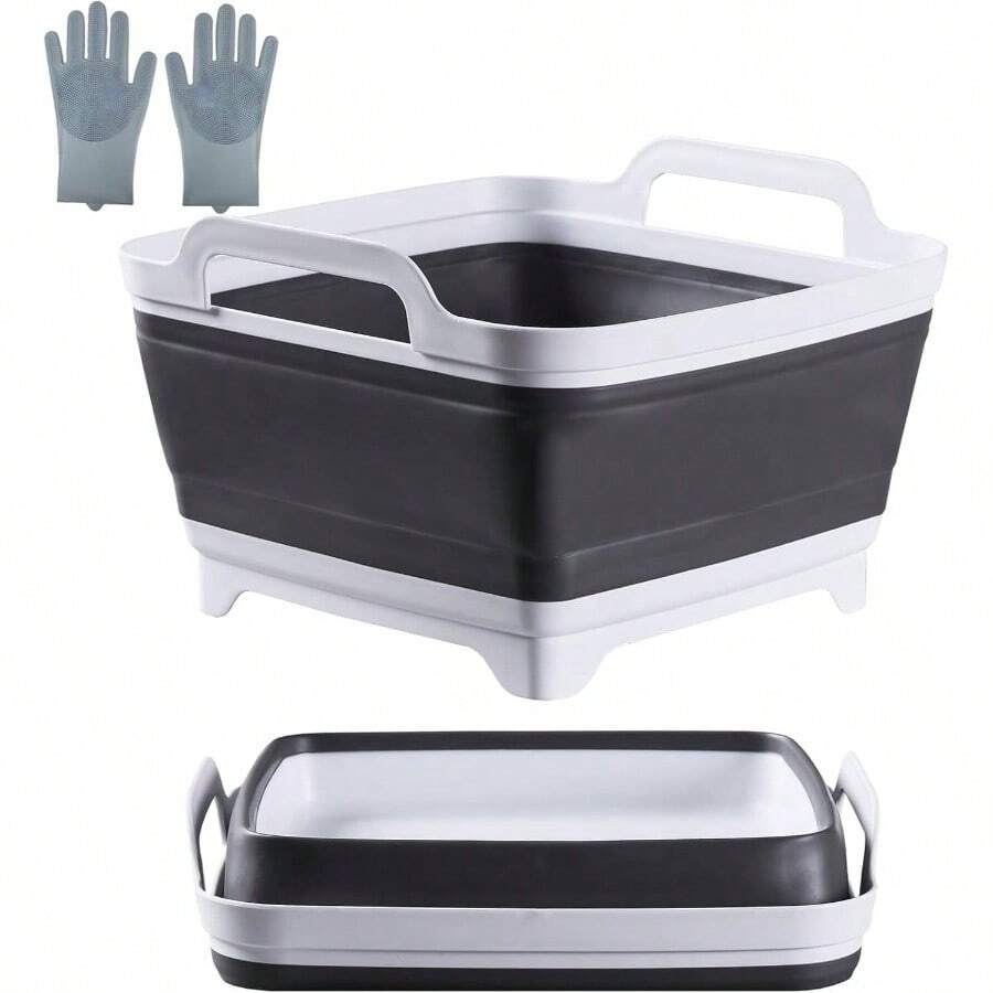 10L Collapsible Wash Basin With Drain Plug 2.6 Gal U2013 Foldable Portable Sink For Camping, RV, Vegetable Washing U2013 Multi - Use Dish Pan, Ice Beverage Tub, Gray U2013 Pair Of Silicone Gloves For Free - 10L/2.6 GAL + 1 - View 1