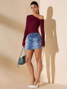 Women's Minimalist Asymmetric Shoulder Long Sleeve Fitted T-Shirt Top, Everyday Wear, Fall/Winter - 酒紅色 - 查看 6