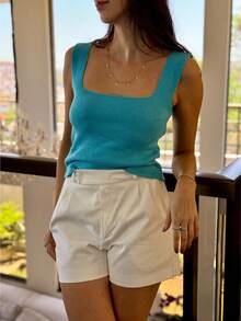 SQUARE TANK TOP SUMMER KNITTED WOMEN'S FASHION - 藍色 - 查看 1