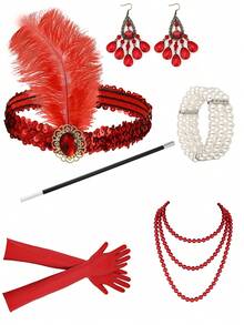 6-Piece Set Of 1920s Women's Headwear, Elegant And Sexy Clothing Accessories, High-End Retro Accessories, Bachelor Party Makeup Ball, Single Feather Hair Strap, Bracelet Gloves, Lace Hand Fan, Hand Decoration 6-Piece Set Halloween - Multicolor - View 7