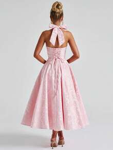 Women Evening Gowns Jacquard Halter Dress Elegant Low Cut Sleeveless Open Back A-Line Long Dress For Evening Party Club - 粉色 - 查看 4