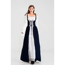 文艺复兴时期中世纪女式吊带露肩喇叭袖连衣裙，适合角色扮演活动和主题派对，面料略有弹性。