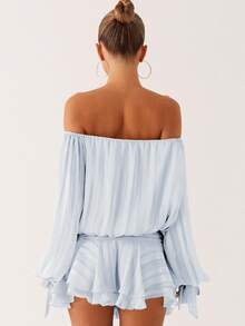 Womens 2025 Off Shoulder Flowy Mini Dress Smocked Long Sleeve Tie-Up Front Casual Elegant Corset Short Dresses - 藍色 - 查看 4