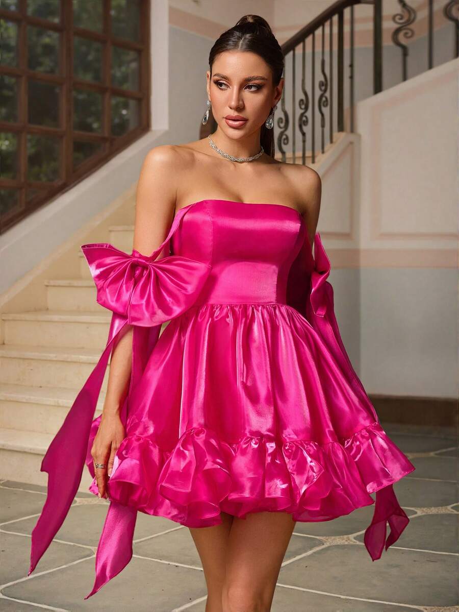 Elisanya 全新时尚优雅亮面缎面露肩蝴蝶结装饰舞会礼服，适合正式舞会、毕业典礼、返校节、派对和活动、派对礼服、婚礼宾客礼服、舞会礼服 - 玫紅色 - 查看 1