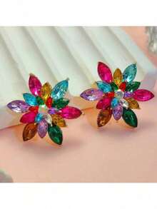 A Pair Of High-End Colorful Rhinestone Flower Earrings - Rainbow Series, Suitable For Daily Wear, Commuting, And Gatherings - Ideal Gift - Multicolor - View 3