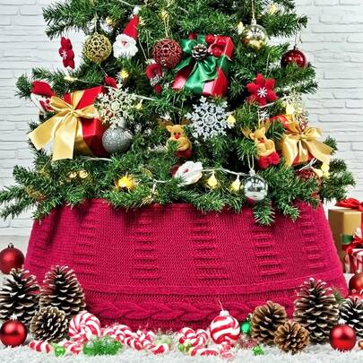 1PC Knitted Christmas Tree Collar: Chunky Basket Knit Christmas Tree Collars For Artificial Trees, Rustic Handmade Tree Ring Tree Skirt Cover Beige Boho Farmhouse Christmas Home Decor Christmas Decorations Room Decor Winter Christmas Decorations Home Christmas Gifts Christmas Decor