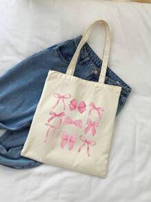 1pc Nine Pink Bow Pattern Women'S Handbags, Reusable Shopping Bags, Foldable Large Capacity Casual Shopping Bags, Simple Bohemian Handbags, Suitable For Work, Travel, Shopping, School Bags, Large Capacity, Portable, Christmas Gift, Cute Bow Bag For Women