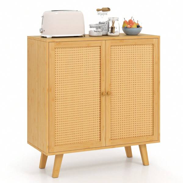 GOFLAME Sideboard Buffet Kitchen Storage Cabinet, Bamboo Buffet Cabinet W/ Rattan Decorated Doors, 2-Tier Accent Cabinet W/ Wide Countertop, Freestanding Cupboard Console Table For Hallway, Entry, Living Room