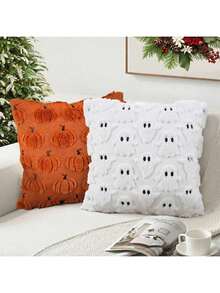 Vỏ gối trang trí Halloween thêu hình quả bí ngô mùa thu 18x18, Vỏ gối trang trí mùa thu cho ghế sofa, Phong cách mộc mạc trang trại, Len kết cấu sang trọng có thêu thân màu nâu Thân màu cam nâu - Nhiều màu - Xem 10