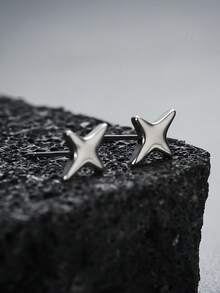 1 Pair 2pcs Punk Style, Copper Geometric Cubic Zirconia Shield Stud Earrings, Copper Cross Star Stud Earrings Unisex Earrings, Suitable For Daily Wear And Party, Back To School, Holiday Gifts - Multicolor - View 4