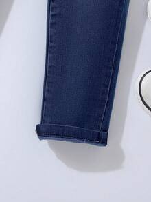 Pantalones largos de mezclilla con cintura elástica y cordón para niñas, adecuados para uso casual, fiestas y todas las estaciones - Azul Marino - Ver 5