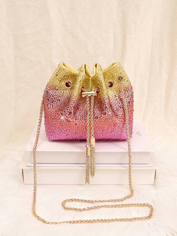 1pc Glitter Bag/Glitter Purse, High-Quality Shiny Gradient Coral Orange Rhinestone Bucket Bag, Fashion Luxury Rhinestone Tassel Chain Shoulder Handbag, Party Bag, Interesting Gift For Women