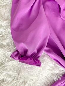 SHORT SLEEVE PUFFED DRESS TOP WITH RUFFLE AND BOW, WOMEN'S FASHION - Mauve Purple - View 4