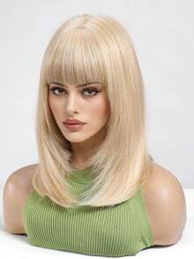 14-Inch Breathable & Comfortable Chin-Length Wavy Bob Wig With Bangs, Golden Color, Synthetic Fiber, Suitable For Cosplay And Daily Wear - Gold - View 5