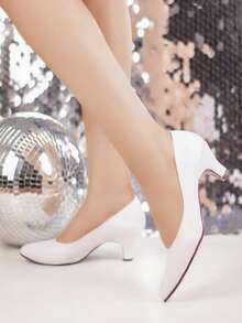 Zapatos para mujer de piel sintética cómoda, punta fina, sin cordones, tacón medio, estilo minimalista, ideales para oficina y fiesta - Blanco - Ver 2