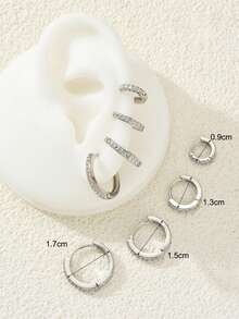 8 件套女士银质环形耳环套装，厚实银质环形耳环，铜质方晶锆石，防过敏小号耳环，小巧银质厚环形耳环，可叠戴，适合多个耳洞 - 銀色 - 查看 9