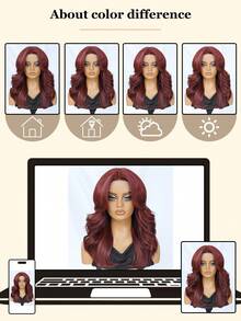 女士多层假发，带刘海，18 英寸红色合成蕾丝前部假发，适合日常使用，13x5x1.5 英寸 T 型假发，渐变棕色非洲式假发