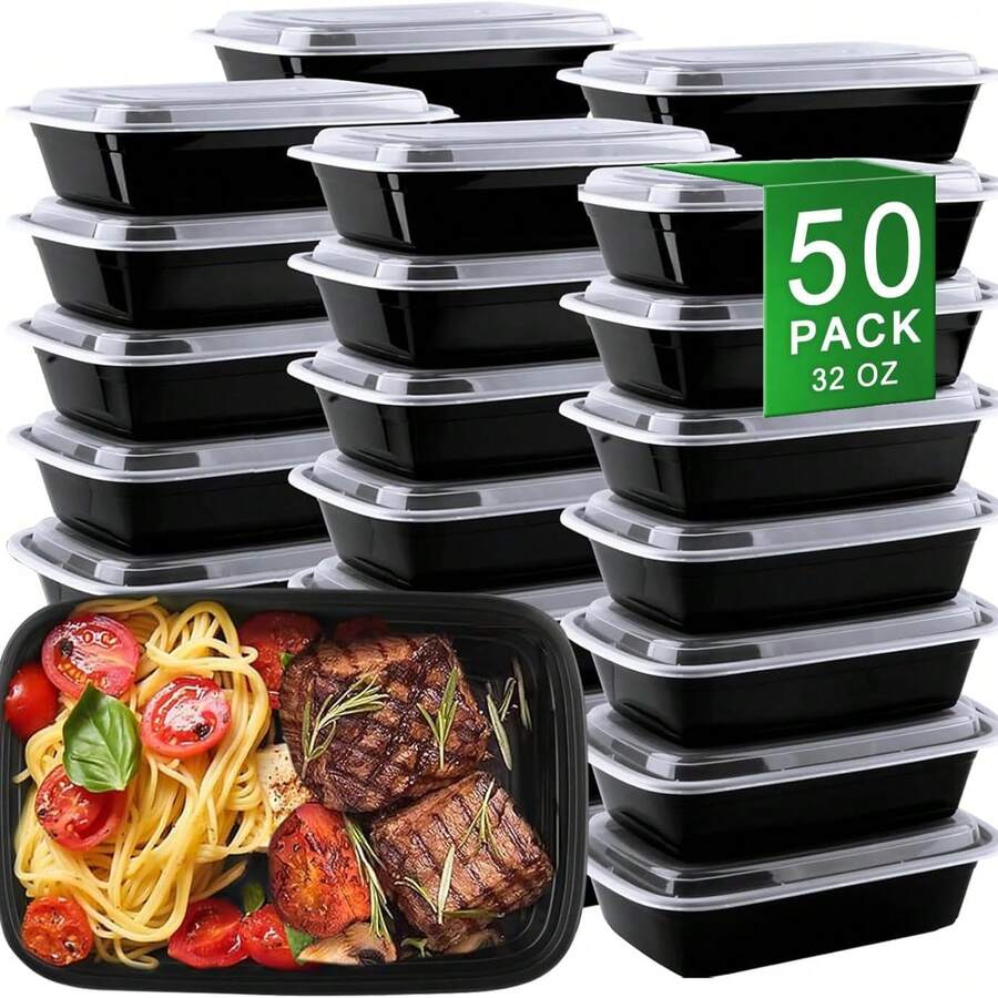SUNSHINE 50-Pack Reusable Meal Prep Containers, Microwave Food Storage Containers With Lids, 32oz/950ml - 1 Compartment Take Out Disposable Plastic Bento Lunch Box To Go, Suppert Dishwasher & Freezer - 黑色 - 查看 1