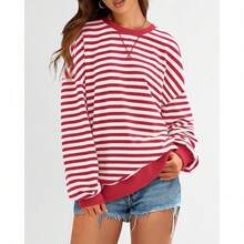 Womens Oversized Striped Sweatshirt Crewneck Long Sleeve Pullover Top Casual Y2K Spring Clothes 2026 Workout Shirt,Vacation Outfits Women,Valentine Outfits For Women,Street Photography - 紅白 - 查看 4