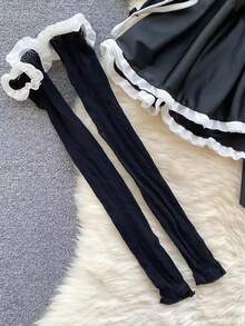 8件套：1个发箍+1个项圈+1条连衣裙+2条吊袜带+2双袜子+1条丁字裤，性感甜美鲶鱼网眼万圣节/圣诞节服装套装，春季黑色 - 黑色 - 查看 2