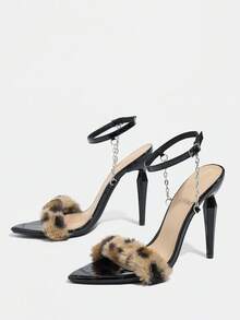 女士高跟鞋，适合春夏晚宴、户外活动、时尚社交聚会，电镀尖头细高跟，饰以闪亮金属链，高品质石纹材质搭配豹纹毛皮，可调节踝带，优雅黑色正式高跟凉鞋，适合舞会和派对 - 黑色 - 查看 6