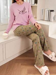 Mirano Slogan Print Short Sleeve Top & Cherry Pattern Long Pants Pajama Set - Lilac Purple - View 1