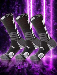 3 Pairs Men's Sports Basketball Socks, Reinforced Toe & Heel, Colorful Striped Design, Suitable For Sports And Daily Wear, Hand Washable, Moisture-Wicking Fabric, Breathable For Outdoor Running, Hiking, Fall - Black - View 8
