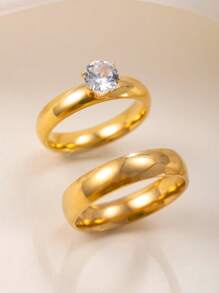 2 件/套 简约不锈钢 18k 镀金情侣戒指 情侣戒指 求婚戒指 新娘和新郎结婚戒指 带粉色皇冠戒指盒 4mm 内外圆形金戒指 适合男女情侣日常婚礼佩戴 - 金色 - 查看 11