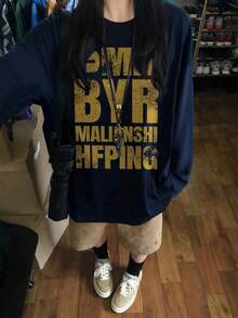 女士宽松卡通印花长袖T恤，适合春秋季休闲穿着 - 藏蓝色 - 查看 2