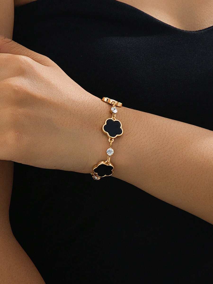 1 buah Gelang Hitam Elegan Mewah dengan Liontin Daun Semanggi untuk Wanita - Hitam - View 1
