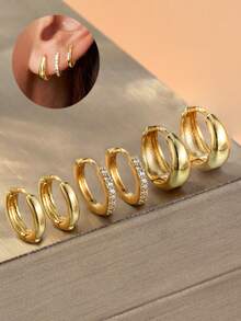 6 piezas Pendientes de aro y pendientes de botón con circonita cúbica delicados, pendientes apilables de aleación de cobre hipoalergénicos, conjunto de pendientes lindos para mujeres y niñas - Amarillo Oro - Ver 2