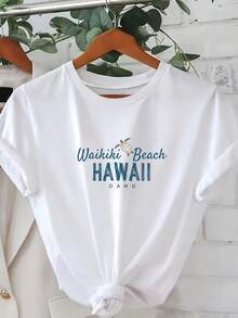 Waikiki Beach Hawaii Oahu Letter Printed Crew Neck Short Sleeve T-Shirt, Women's Pure Cotton T-Shirt - Fashionable Casual T-Shirt, Loose And Comfortable, Suitable For Gatherings And Daily Wear, Perfect Gift For Friends And Family, Locally Delivered