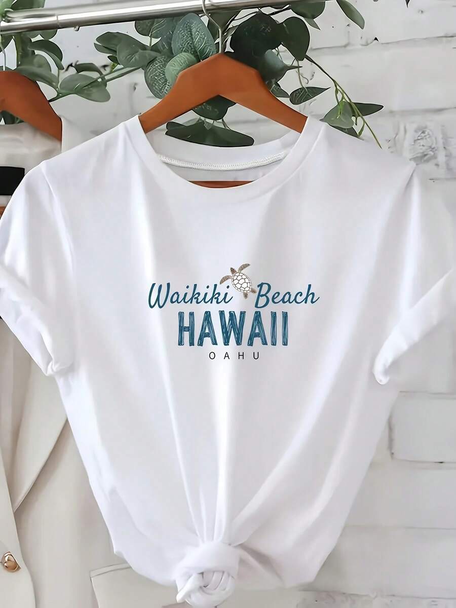 Waikiki Beach Hawaii Oahu Letter Printed Crew Neck Short Sleeve T-Shirt, Women's Pure Cotton T-Shirt - Fashionable Casual T-Shirt, Loose And Comfortable, Suitable For Gatherings And Daily Wear, Perfect Gift For Friends And Family, Locally Delivered