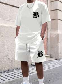 男士休闲运动套装 - 白色字母“B”印花短袖T恤和短裤，适合户外活动