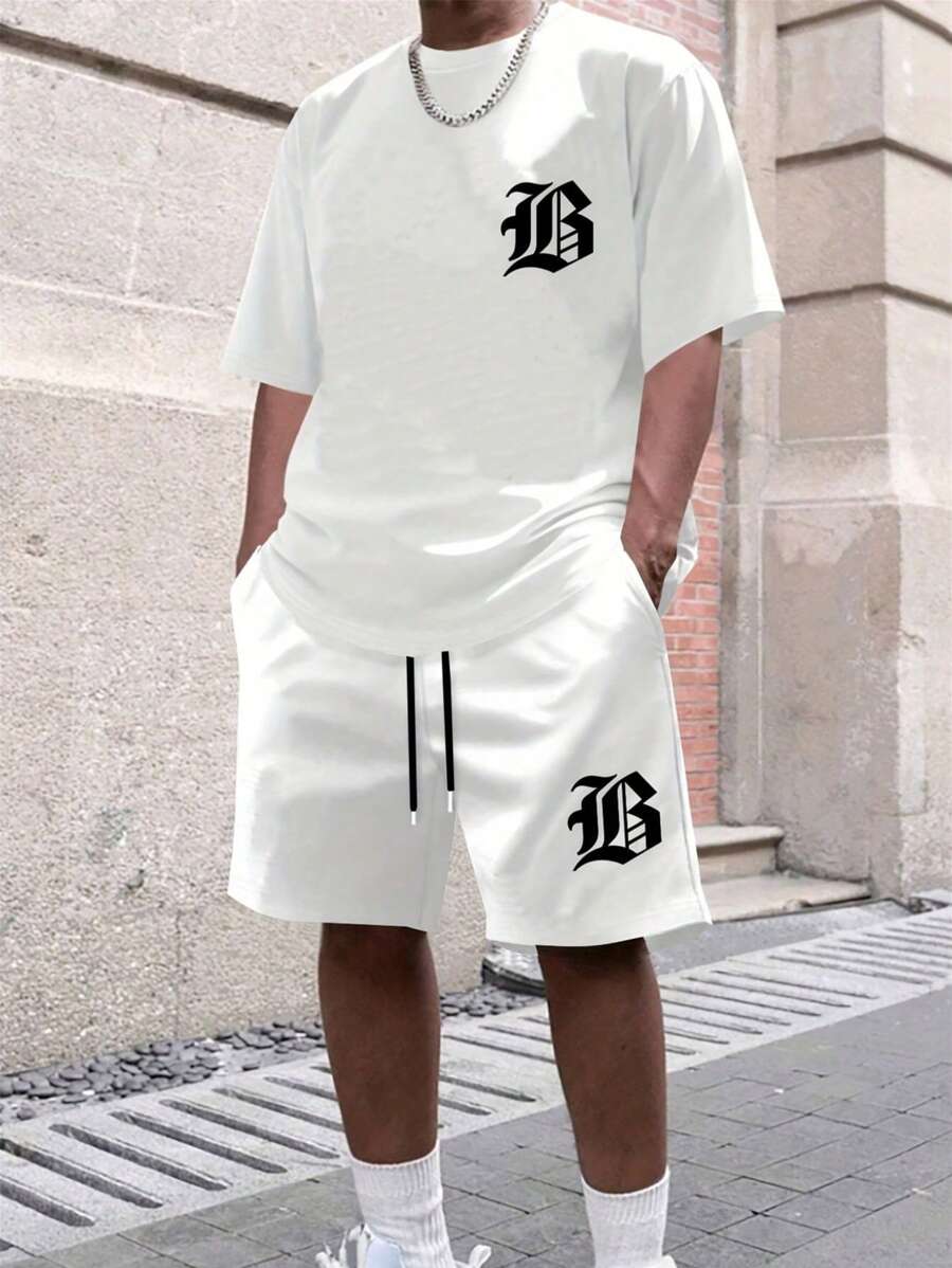 男士休闲运动套装 - 白色字母“B”印花短袖T恤和短裤，适合户外活动