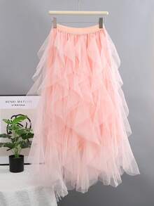 1pc Women's Asymmetrical Ruffle Layered Cake Skirt, Mesh Puff Skirt - Coral Pink - View 1
