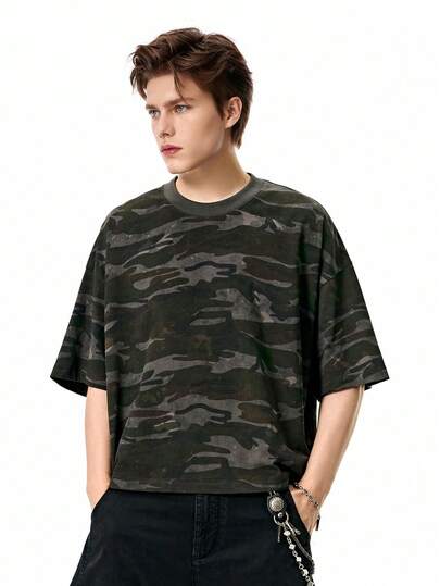INFLATION 2025 Spring/Summer New Boxy Camouflage T-Shirt, American Streetwear Style, Pure Cotton Short Sleeve Tee For Men, 2000s Style