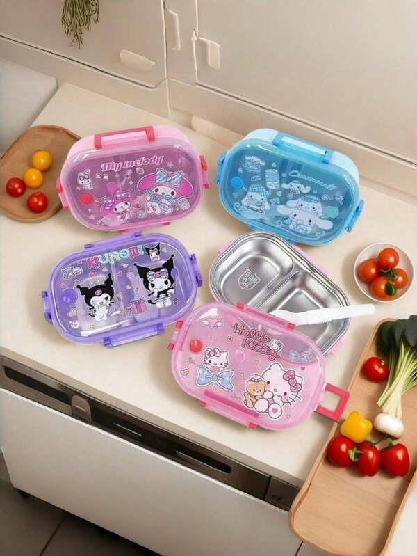 Sanrio 1 Pieza Caja de almuerzo de acero inoxidable con Hello Kitty y Kuromi, My Melody de Sanrio, con cuchara gratis - Caja de frutas, diseño de personaje lindo, tapa a prueba de fugas, recipiente cuadrado portátil de alimentos para trabajadores de oficina, picnics, escuelas (solo lavar a mano), recipiente de comida para picnic | Almacenamiento de comida portátil | Sanrio