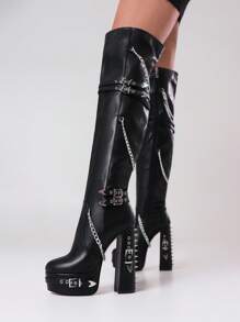 Women's Thick Sole Chunky Heel Lace-Up Rivet Decor Over-The-Knee Boots, Suitable For Daily Shopping And Winter Gatherings
