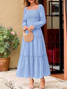 PRETTYGARDEN Women Elegant  Maxi Dresses For Fall Boho Long Sleeve Smocked A Line Ruffle  Wedding Guest Holiday Party Long Dress With Pockets New Years Valentine Vacation Spring Dresses For Women Vestidos Elegantes De Mujer - 淺藍色 - 查看 7