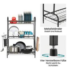 Schwarz Abtropfgestell Geschirr, Geschirrabtropfgestell  3-stufig, Geschirrtrockner mit Utensilienhalter, Messerhalter, Schneidebretthalter & Abtropfschale – Kitchen Organizer