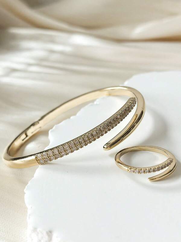 2pcs Jewelry Set: Bracelet And Ring, Minimalist & Fashionable, Double-Pointed Cubic Zirconia Sparkling, Luxury Style, Suitable As Gift Or For Daily/Festival Wear, For Women